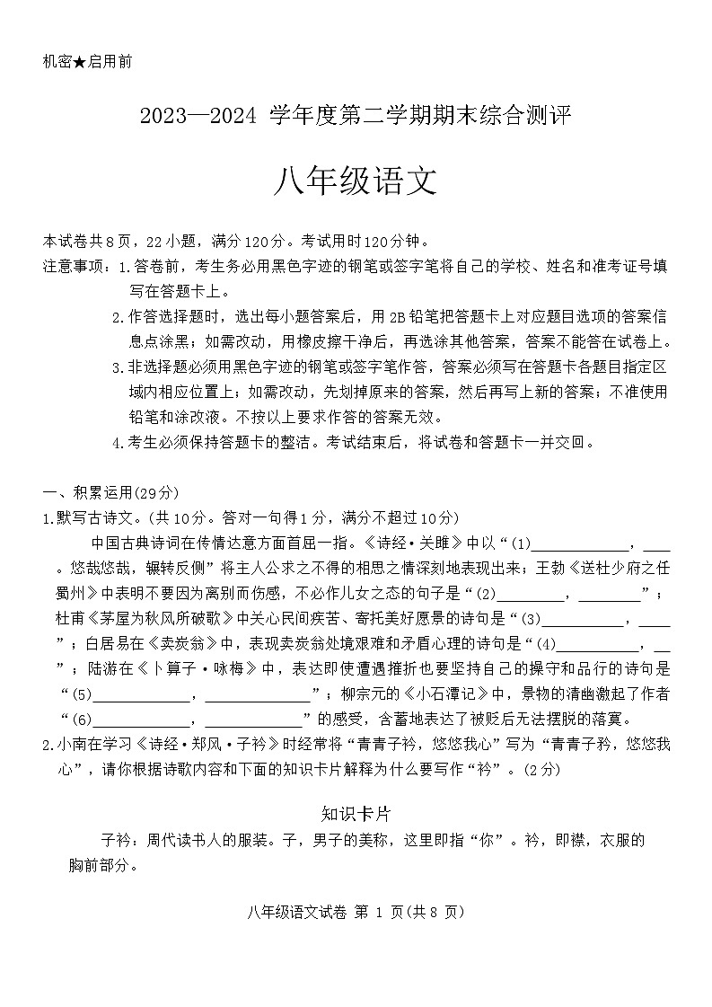 广东省河源市紫金县2023-2024学年八年级下学期期末语文试题01