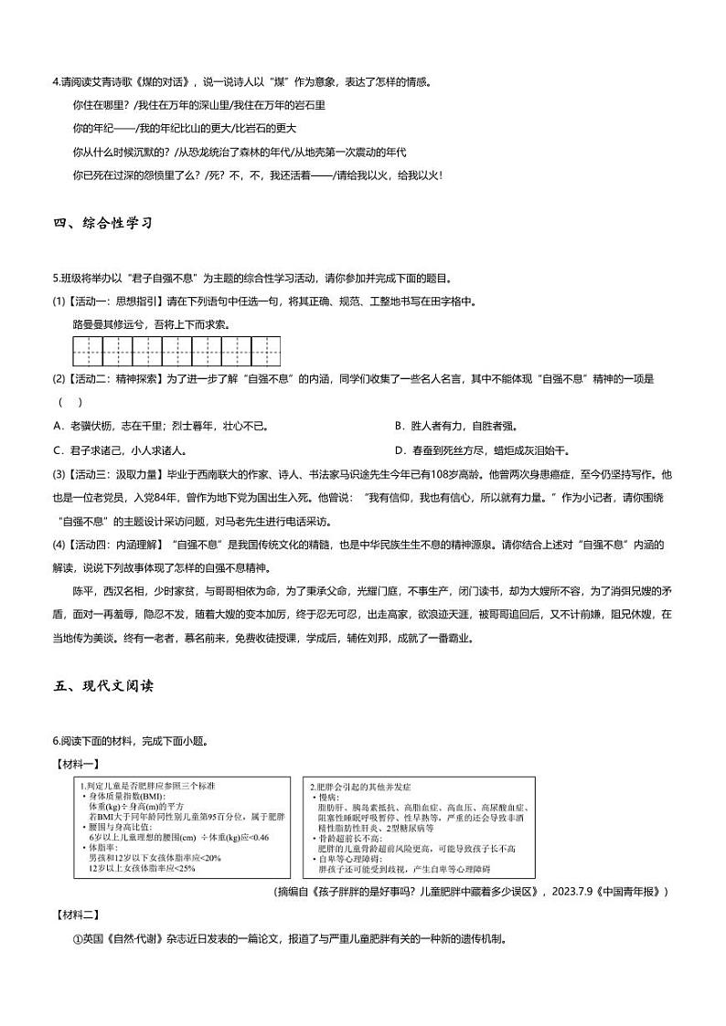 [语文][期中]2023~2024学年陕西安康石泉县初三上学期期中语文试卷(无答案)02