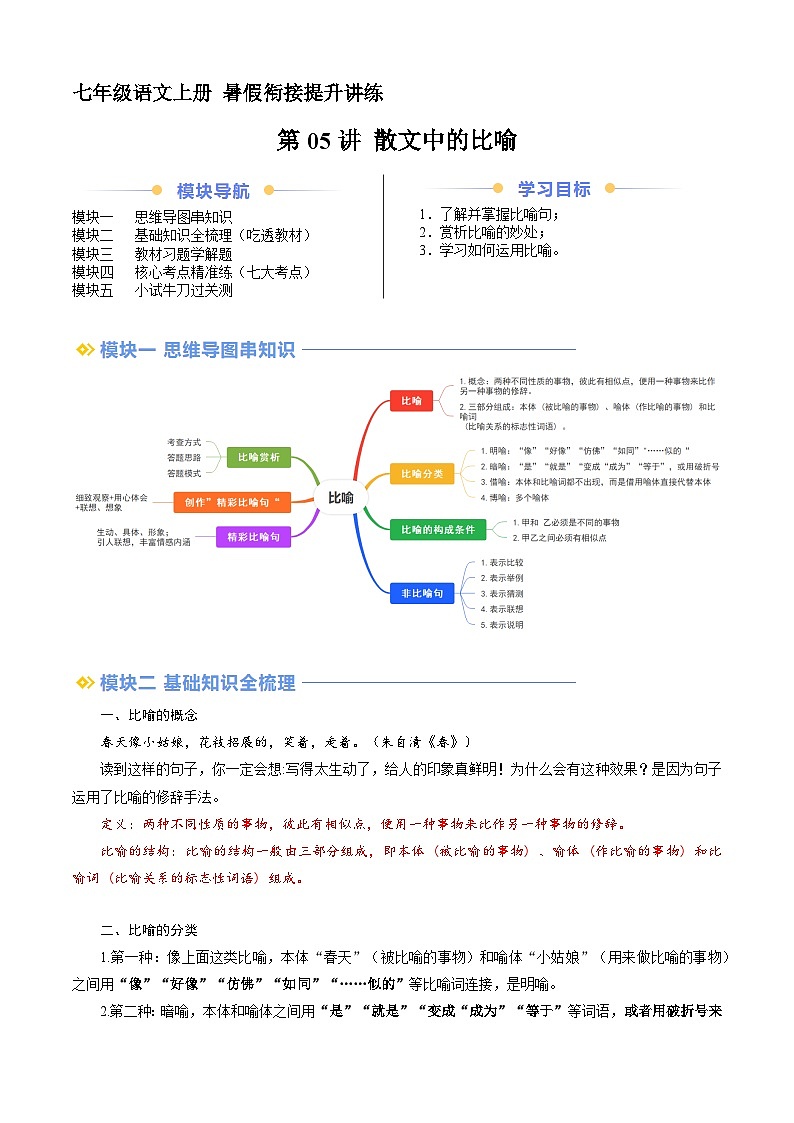 第05讲 散文中的比喻（讲义+训练）新七年级语文暑假衔接提升 2024年统编版全国通用01
