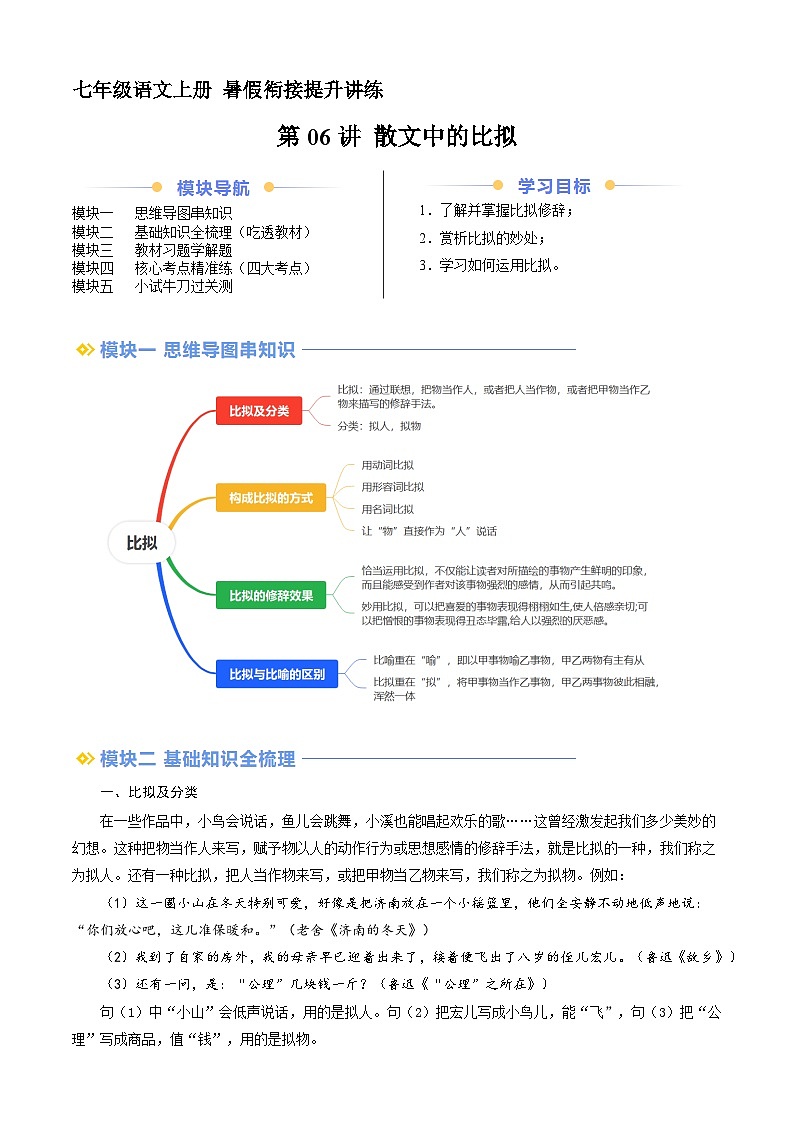 第06讲 散文中的比拟（讲义+训练）新七年级语文暑假衔接提升 2024年统编版全国通用01