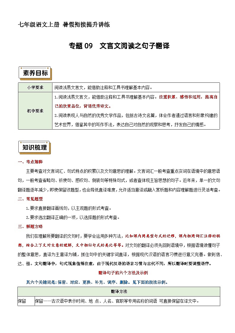 衔接点09 文言文阅读之句子翻译（讲义+训练）新七年级语文暑假衔接提升 2024年统编版全国通用01