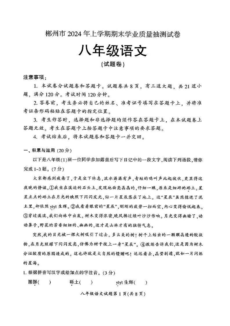 湖南省郴州市2023-2024学年八年级下学期7月期末语文试题01