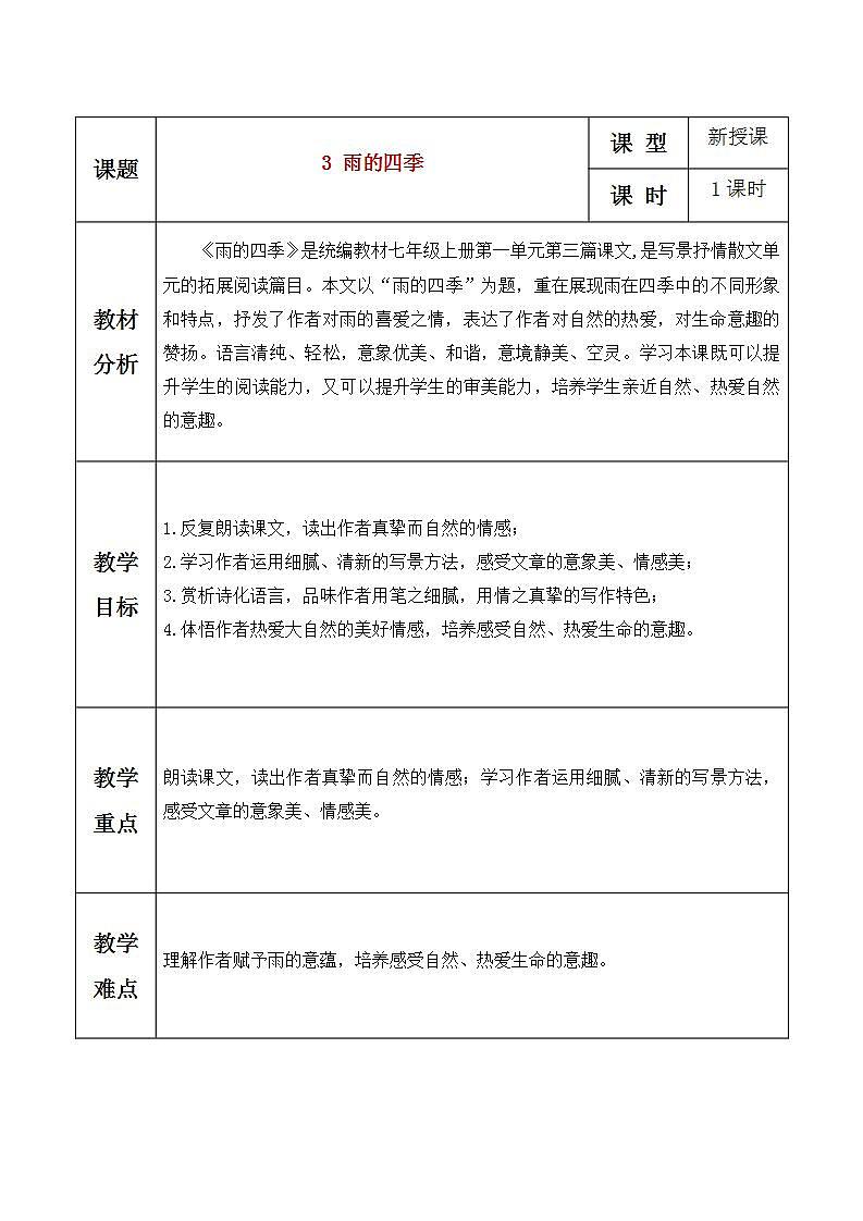 《雨的四季》教学设计（资源版权归属“松鼠语文”，只提供个人使用，请勿私自传播，违者必究）第1页