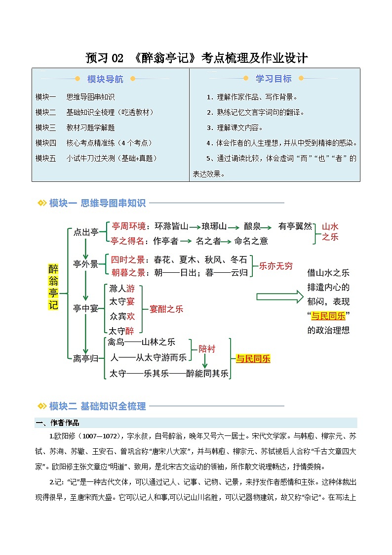 2024年新九年级语文暑假提升精品讲义（统编版） - 预习02 《醉翁亭记》考点梳理及作业设计01