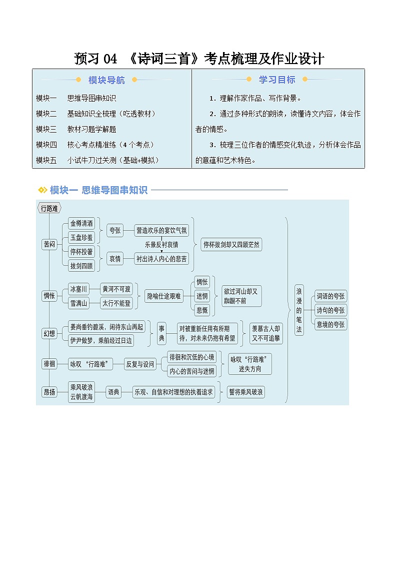 2024年新九年级语文暑假提升精品讲义（统编版） -预习04 《诗词三首》考点梳理及作业设计01