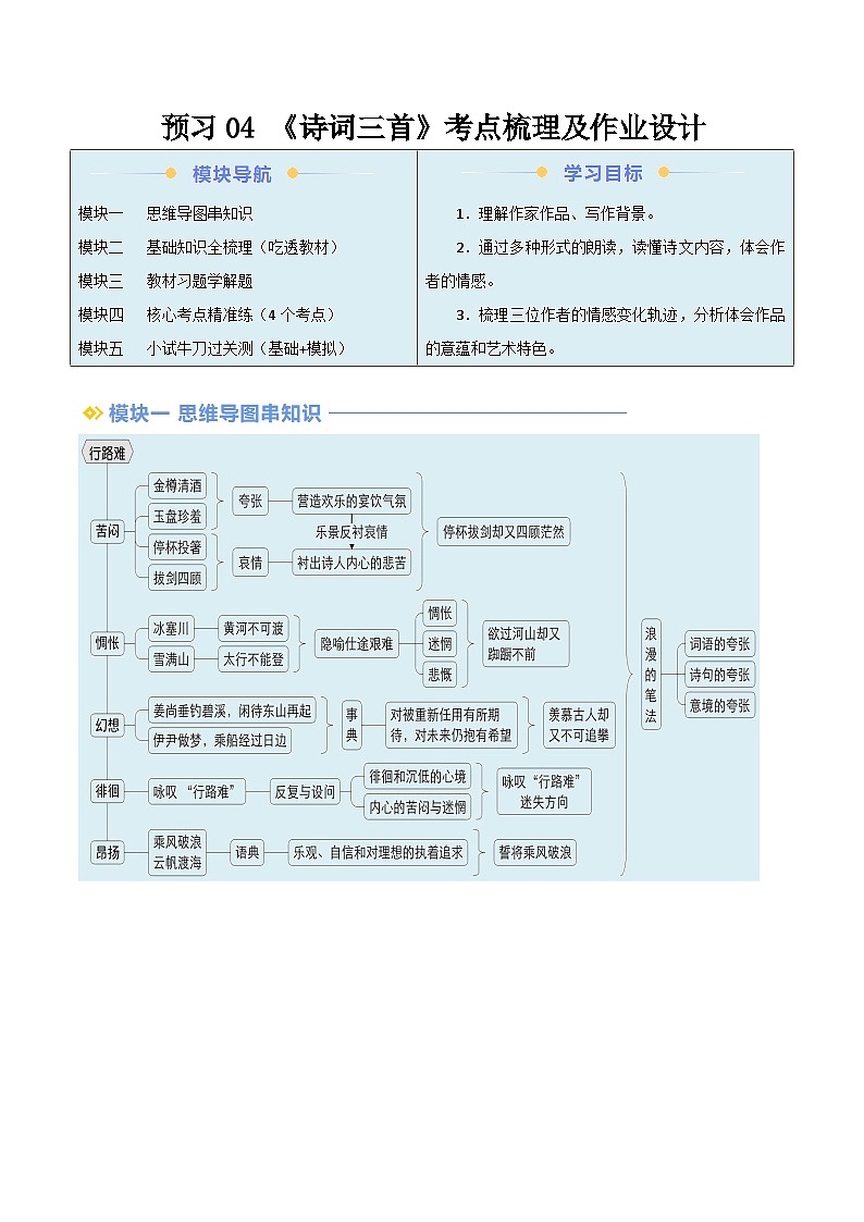 2024年新九年级语文暑假提升精品讲义（统编版） -预习04 《诗词三首》考点梳理及作业设计01