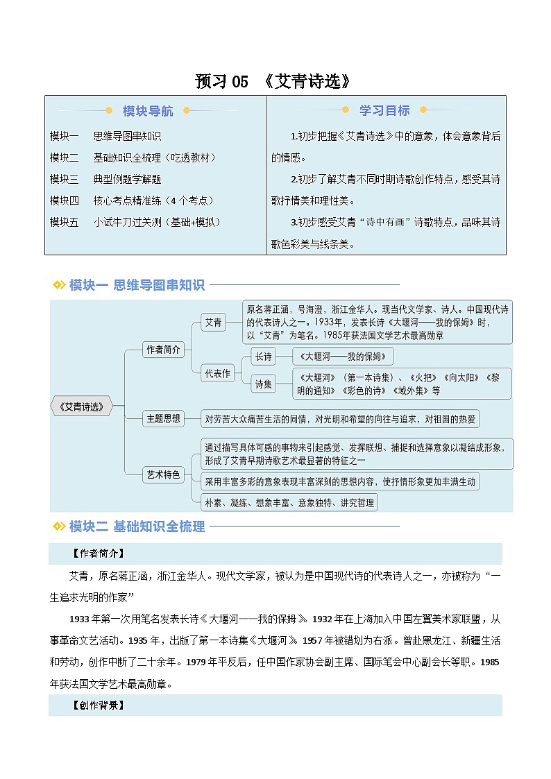 2024年新九年级语文暑假提升精品讲义（统编版） -预习05  整本书阅读《艾青诗选》（考点梳理及作业设计）01