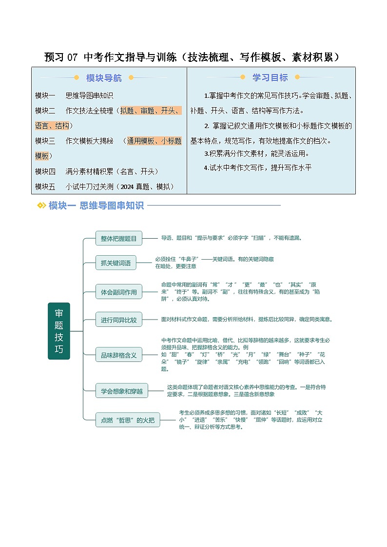 2024年新九年级语文暑假提升精品讲义（统编版）-预习07 中考作文指导与训练（技法梳理、写作模板、素材积累）01