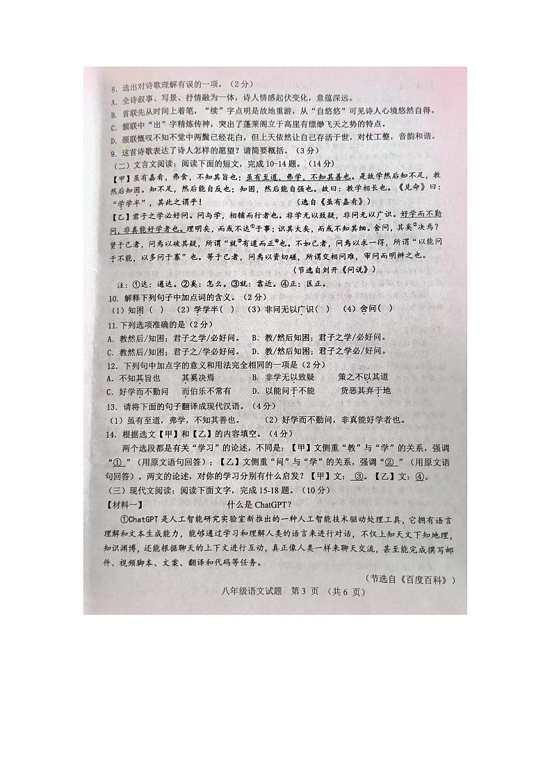 山东省菏泽市成武县2023-2024学年八年级下学期期末语文试题第3页