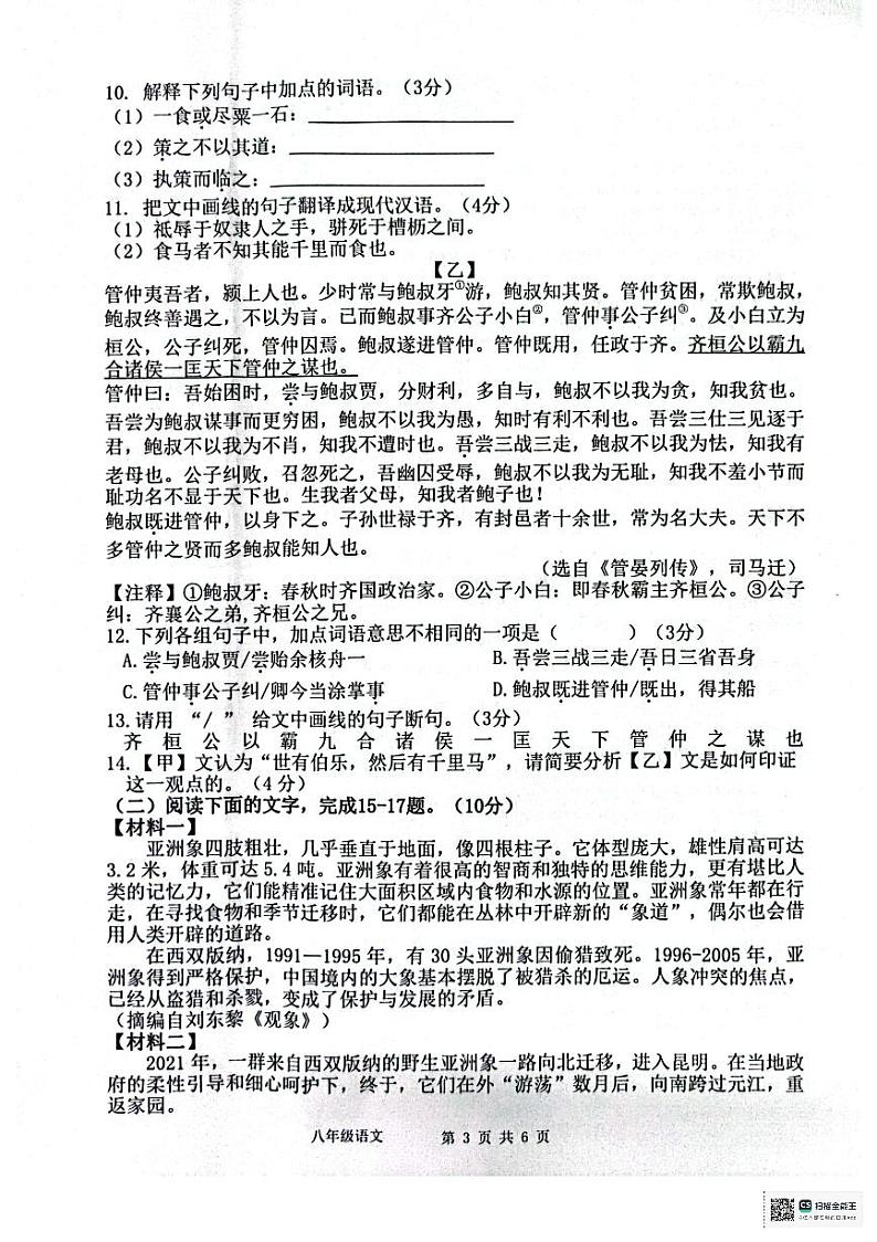 广东省惠州市惠东县2023-2024学年八年级下学期期末语文试题第3页