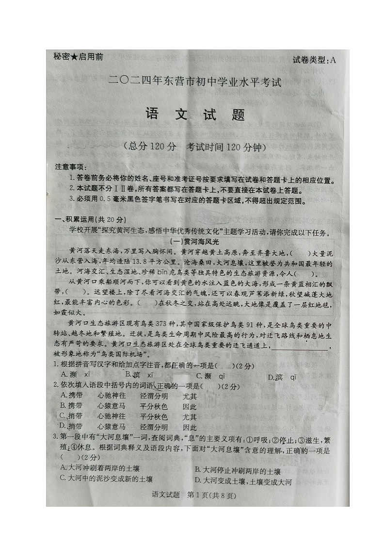 2024年山东省东营市中考真题 语文试题01