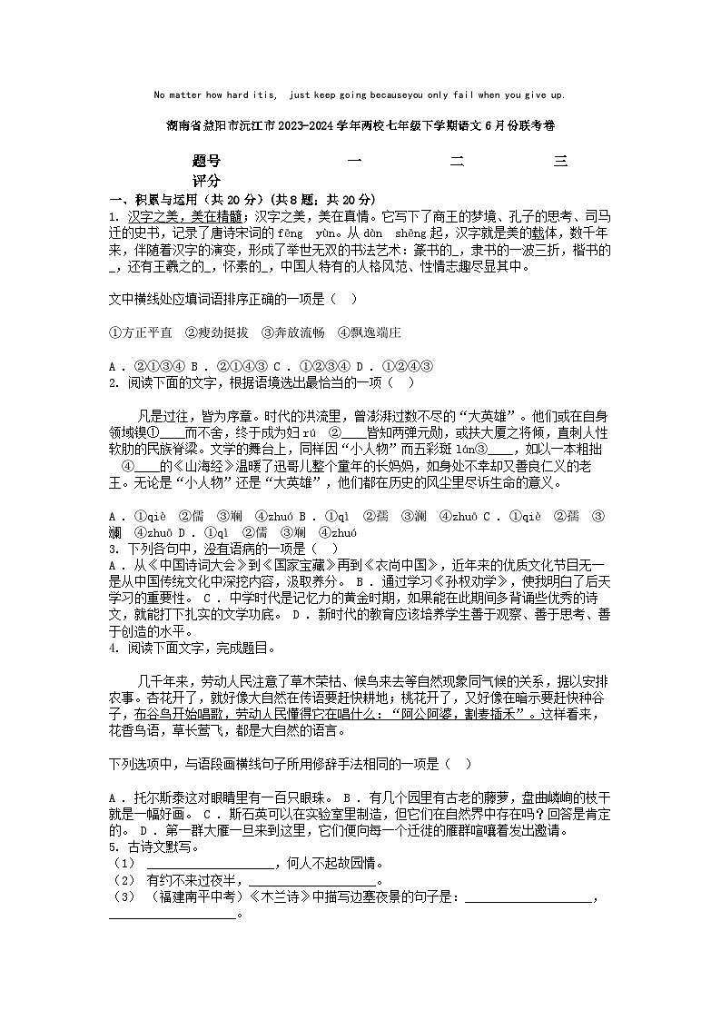 [语文]湖南省益阳市沅江市2023-2024学年两校七年级下学期语文6月份联考卷01