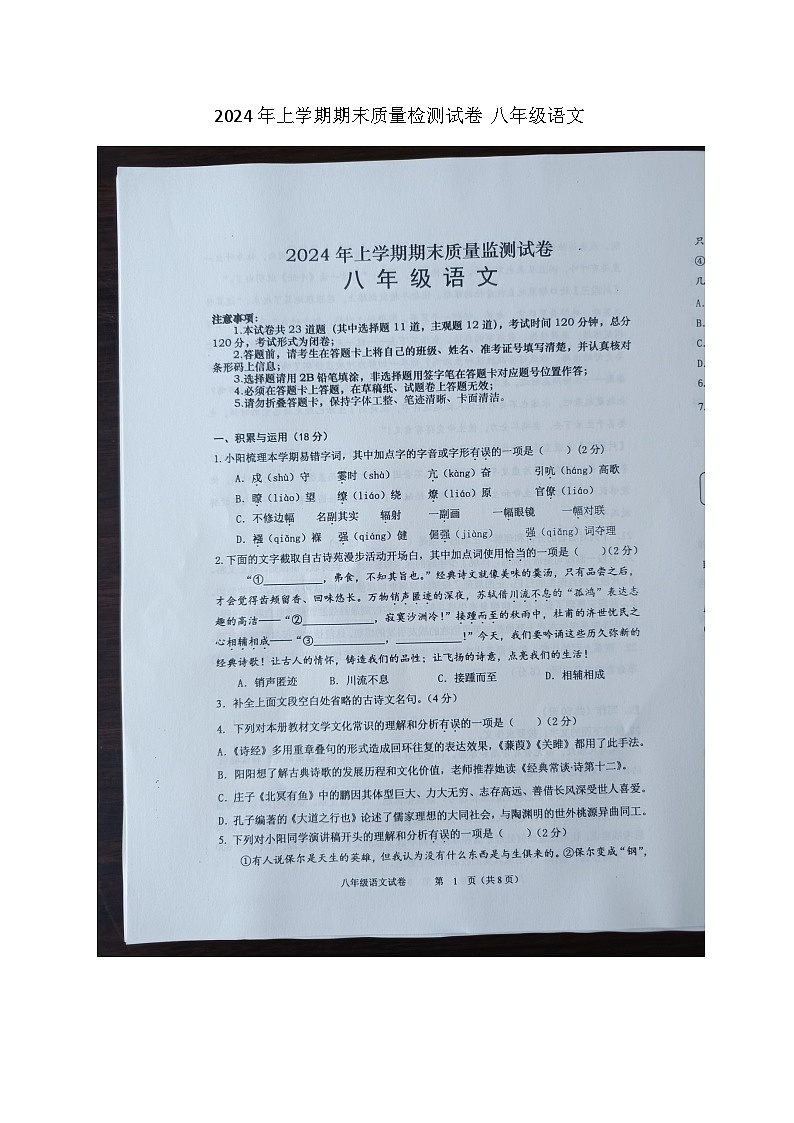 湖南省长沙市浏阳市2023-2024学年八年级下学期期末语文试题第1页