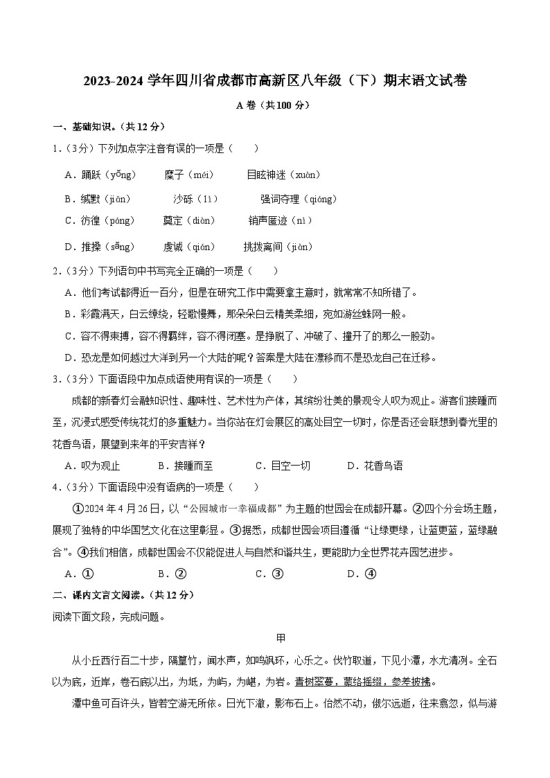 四川省成都市高新区2023-2024学年八年级下学期期末语文试卷01