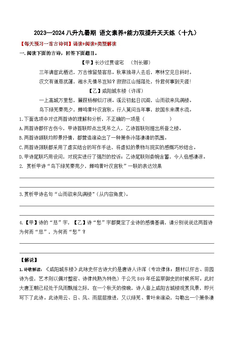 专题19 八升九暑假衔接 语文素养与能力提升天天练 （十九）学案+练习+答案  2024全国通用01