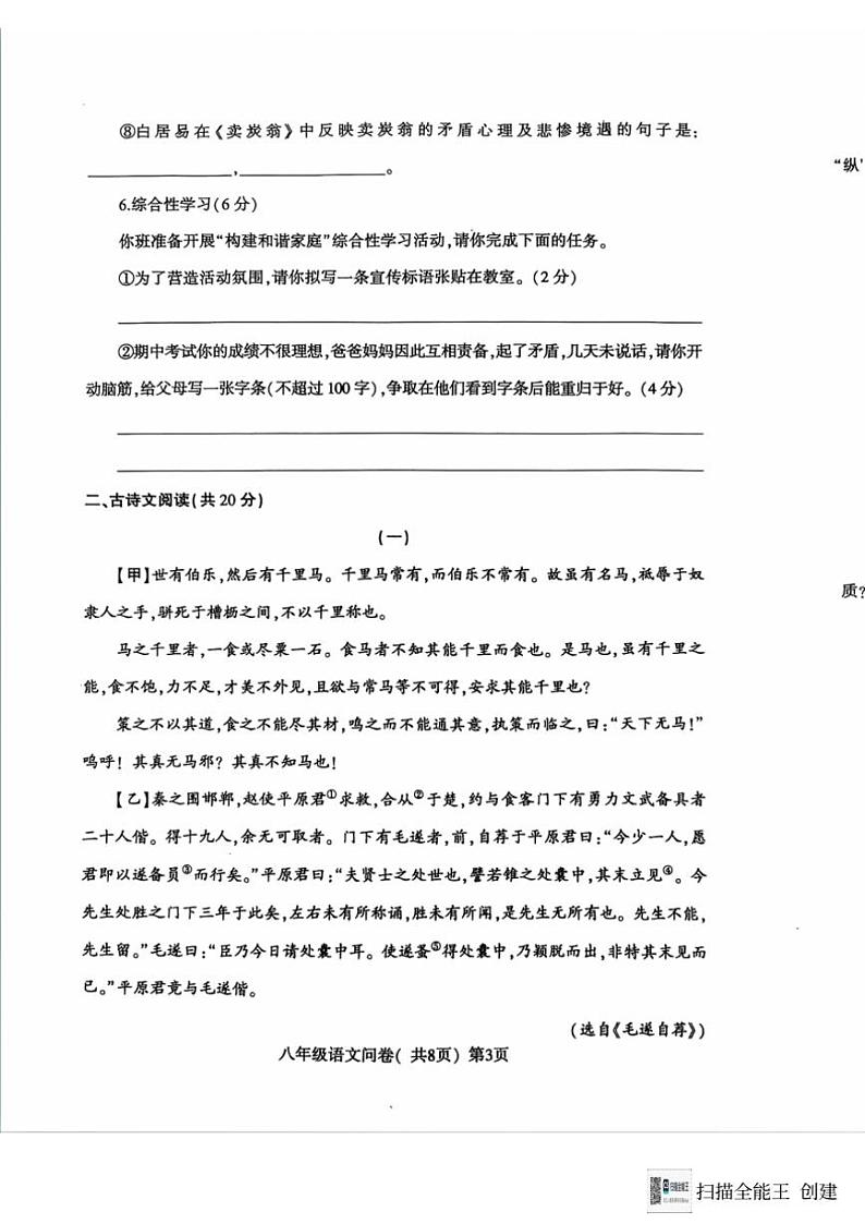 [语文][期末]山东省聊城市阳谷县2023～2024学年八年级下学期7月期末语文试题(无答案)第3页