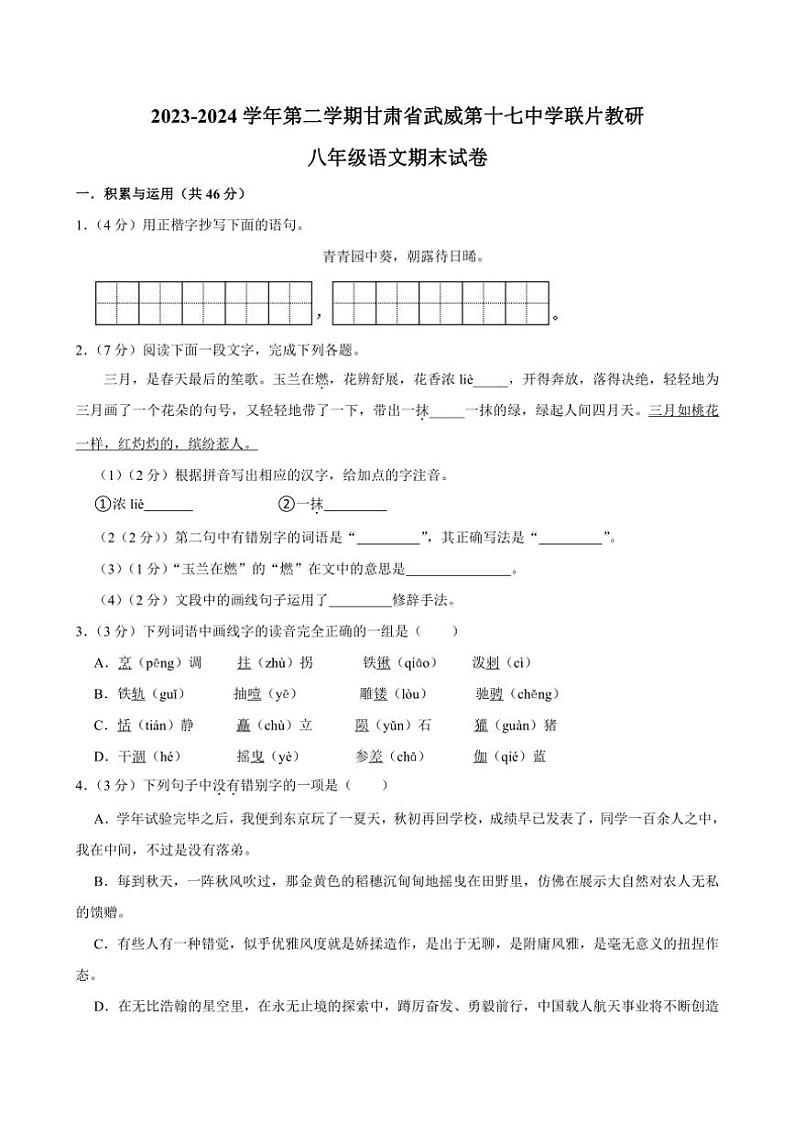 [语文][期末]甘肃省武威市十七中联片教研2023～2024学年八年级下学期期末语文试题(有答案)第1页