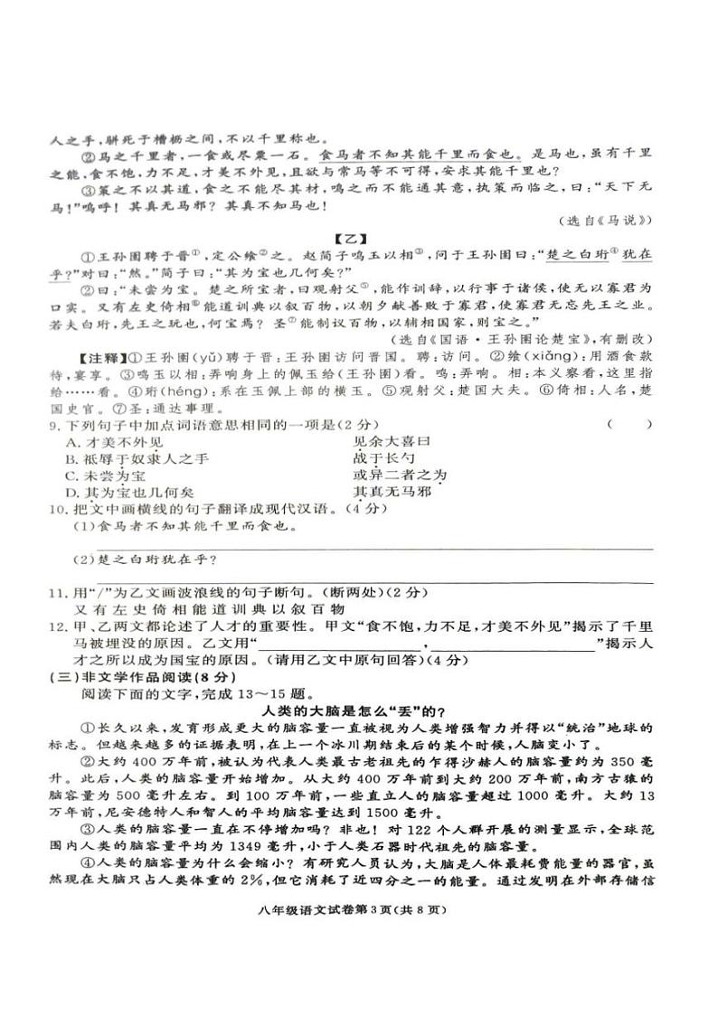 [语文][期末]湖南省张家界市桑植县2023～2024学年八年级下学期期末语文试题(有答案)第3页