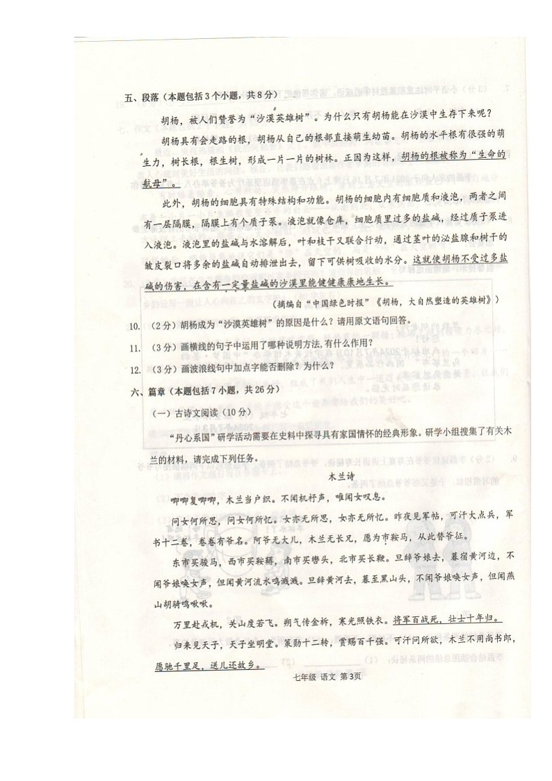 内蒙古自治区乌兰察布市2024年学科素养核心检测七年级语文及答案 内蒙古自治区乌兰察布市2024年学科素养核心检测七年级语文试卷第3页