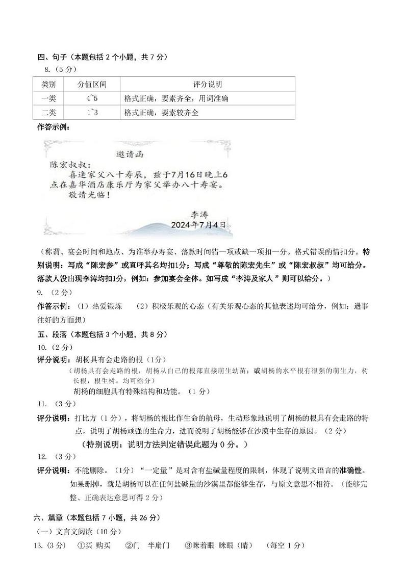内蒙古自治区乌兰察布市2024年学科素养核心检测七年级语文及答案 内蒙古自治区乌兰察布市2024年学科素养核心检测七年级语文参考答案第2页