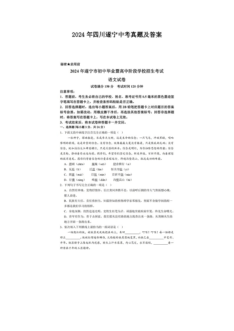 2024年四川遂宁中考语文真题及答案01