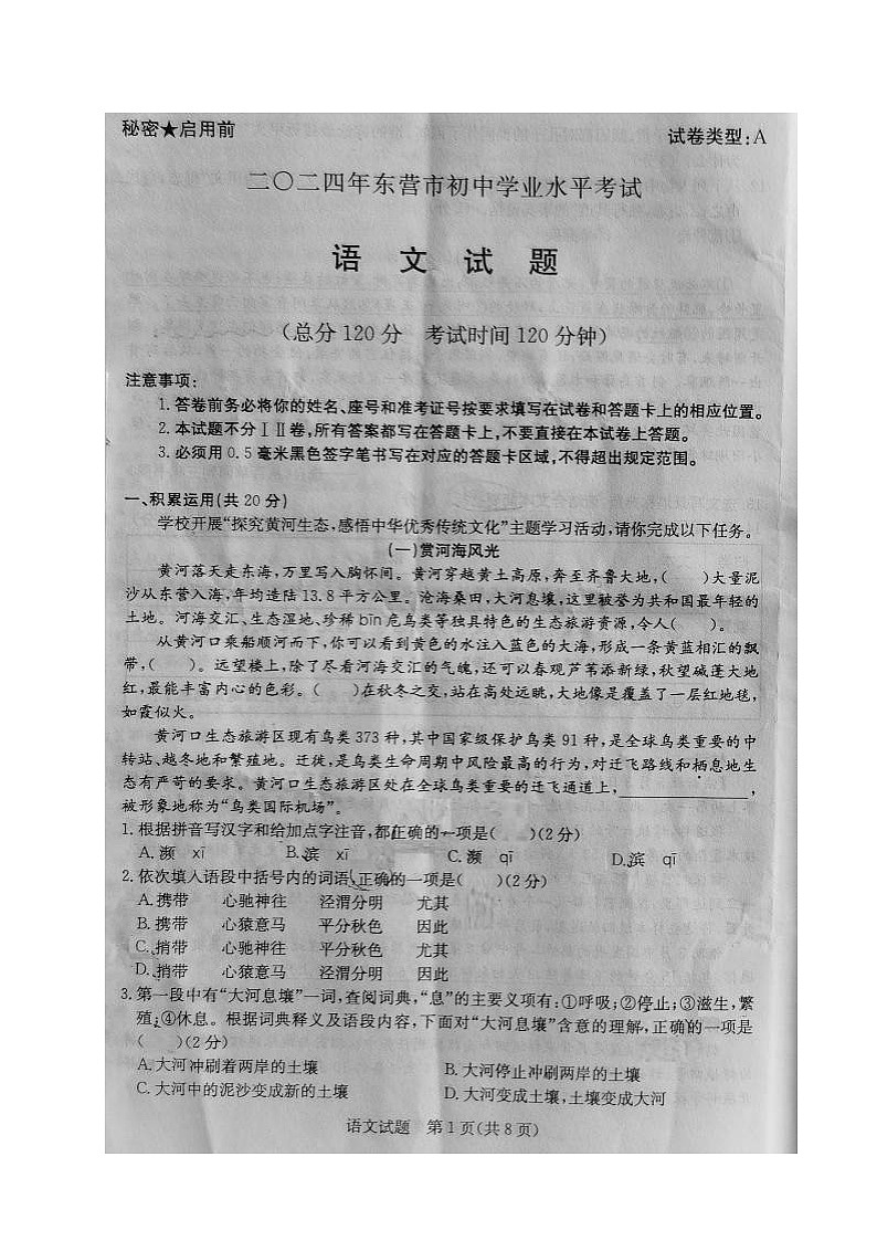 2024年山东省东营市中考语文真题（图片版，无答案）01