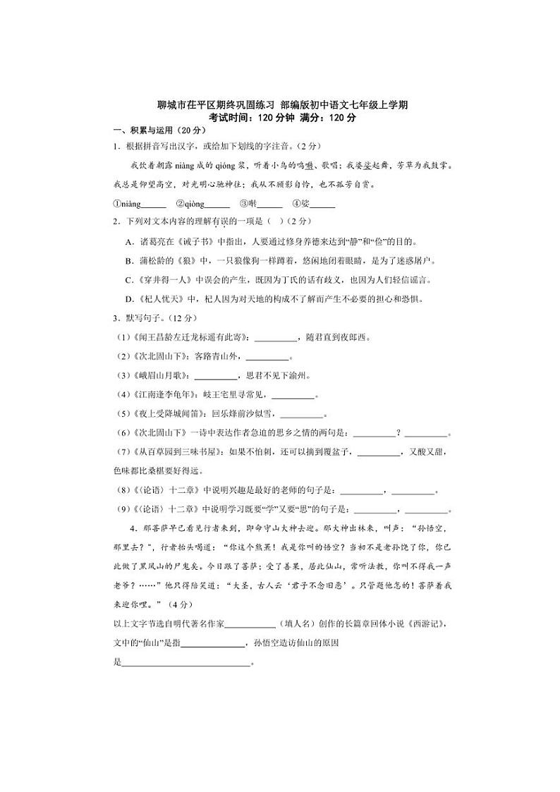[语文]山东省聊城市茌平区2023～2024学年七年级上学期语文期终巩固练习卷(有解析)01