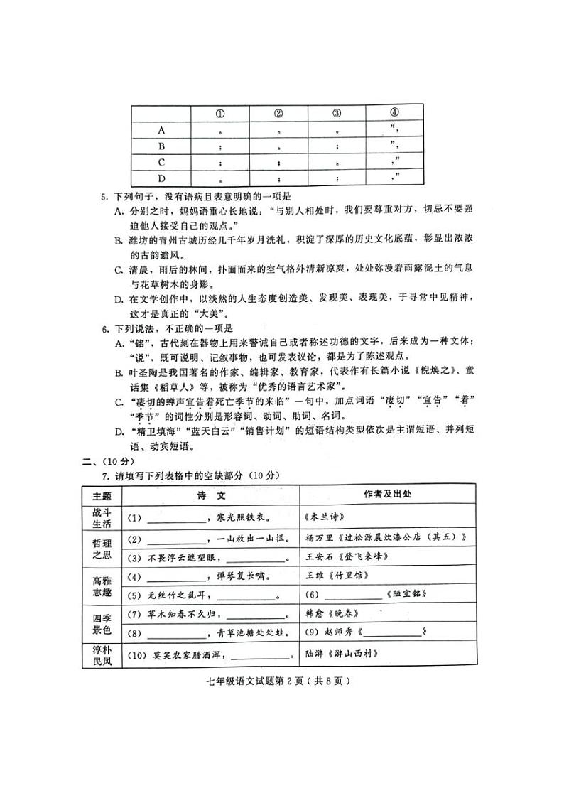 [语文][期末]山东省潍坊市诸城市2023～2024学年七年级下学期7月期末考试语文试题(无答案)第2页