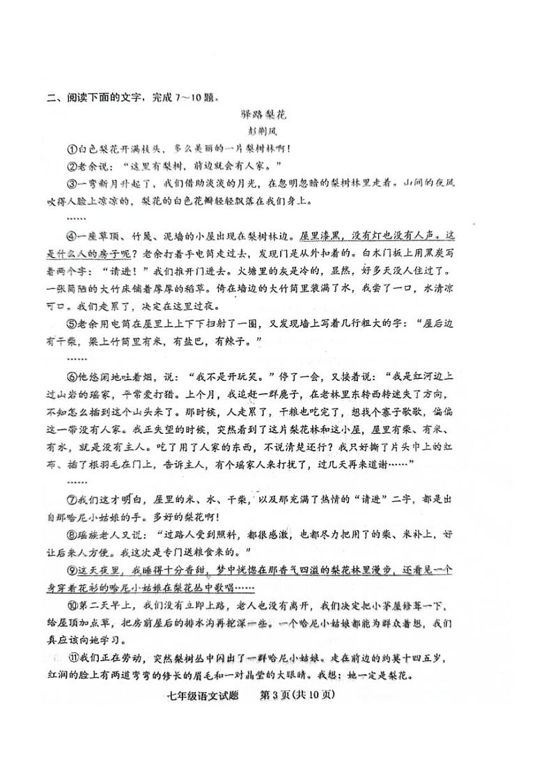 [语文][期末]山东省泰安市肥城市(五四学制)2023～2024学年七年级下学期期末考试语文试题(无答案)第3页