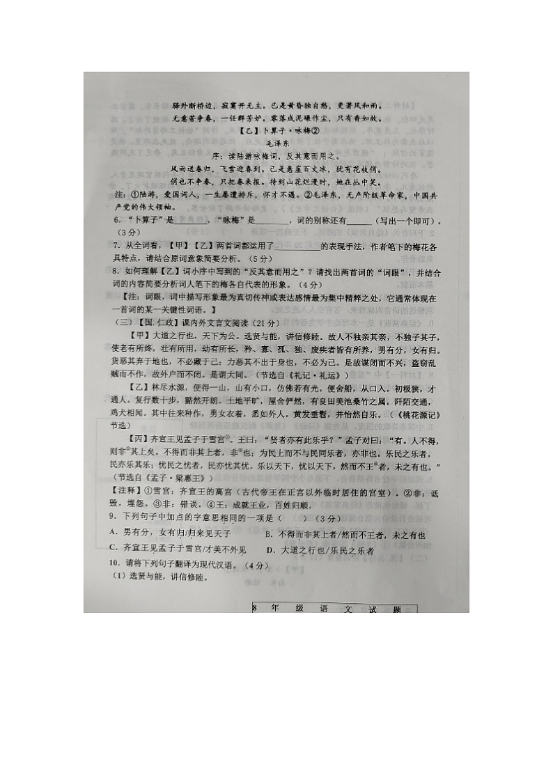 山东省宁津县2023-2024学年八年级下学期期末考试语文试题第3页