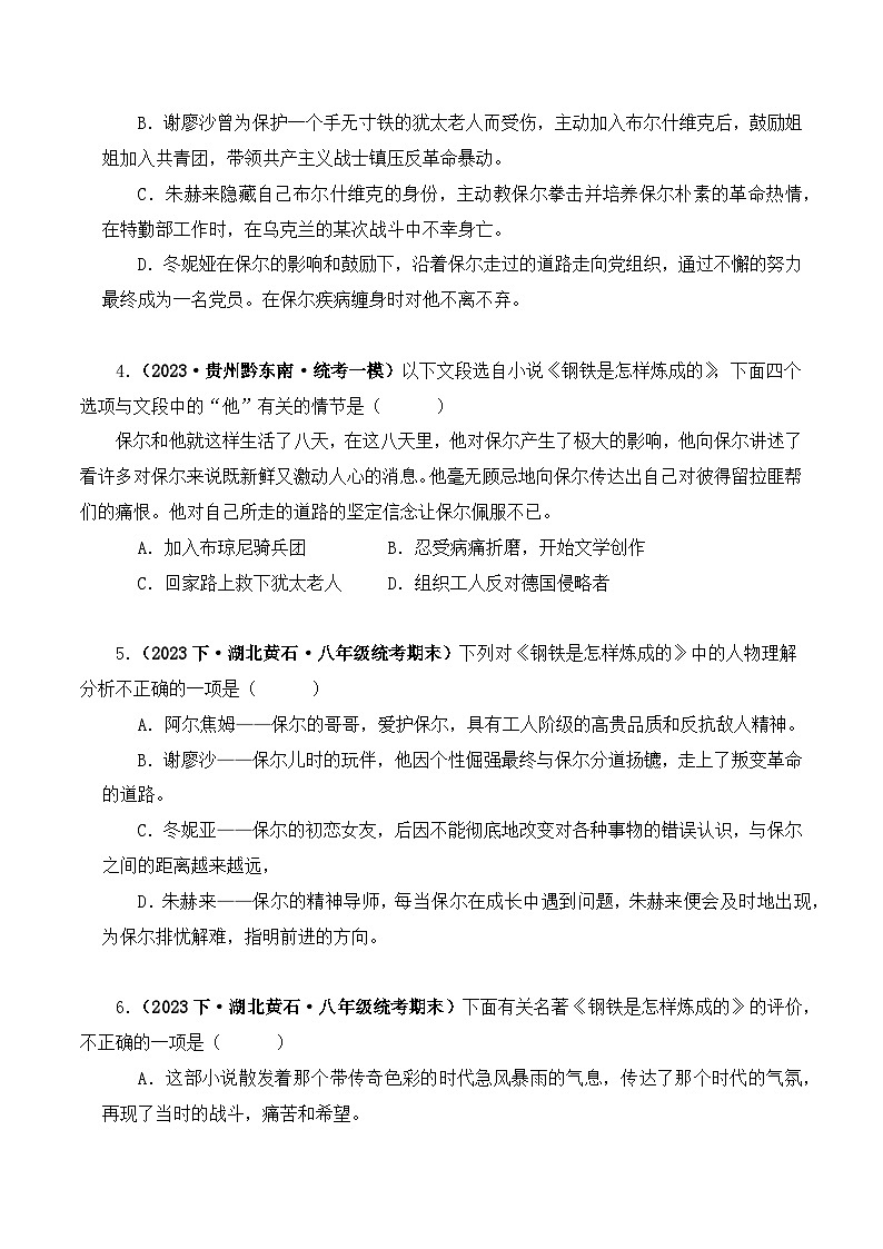 专题08 钢铁是怎样炼成的-2024年中考语文复习文学名著必考篇目分层训练（原卷版）第2页