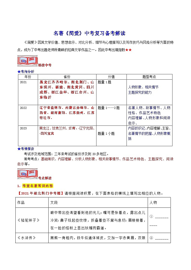 名著《简爱》中考复习备考解读-2024年中考专题复习资料名著阅读部分（长春专版）第1页