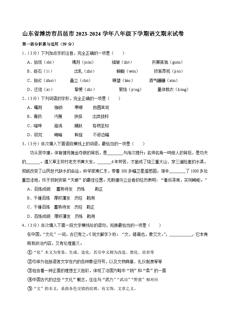 山东省潍坊市昌邑市2023-2024学年八年级下学期语文期末试卷第1页
