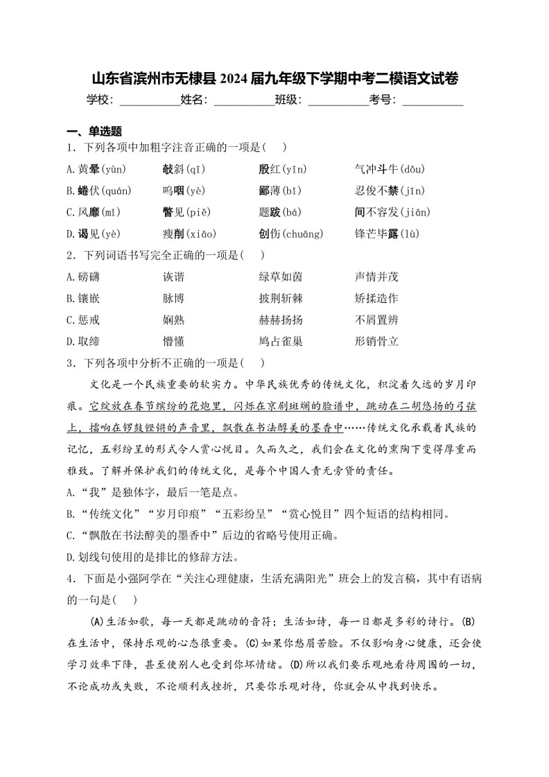 [语文]山东省滨州市无棣县2024届九年级下学期中考二模语文试卷(有答案)01