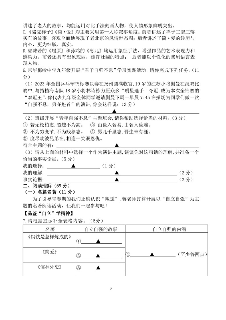 [语文]2024年江苏省扬州市京华梅岭中学中考第三次模拟考试语文试题(无答案)第2页