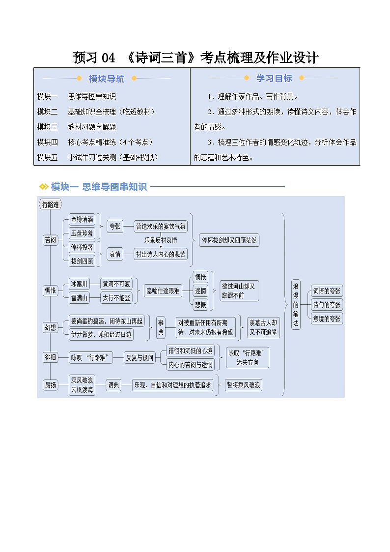 预习04 《诗词三首》考点梳理及作业设计试卷-【暑假自学课】2024年新九年级语文暑假提升精品讲义（统编版）（解析版+原卷版）01