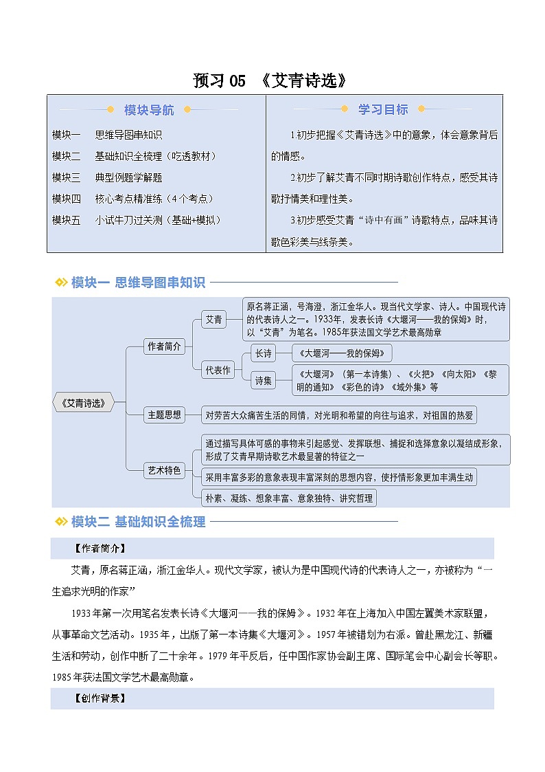 预习05  整本书阅读《艾青诗选》（考点梳理及作业设计）试卷-2024年新九年级语文暑假提升精品讲义（统编版）（原卷版+解析版）01