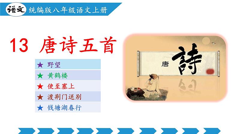 编版版语文八年级上册 第13课 唐诗五首（《野望》《黄鹤楼》《使至塞上》《渡荆门送别》《钱塘湖春行》）（教学课件）01