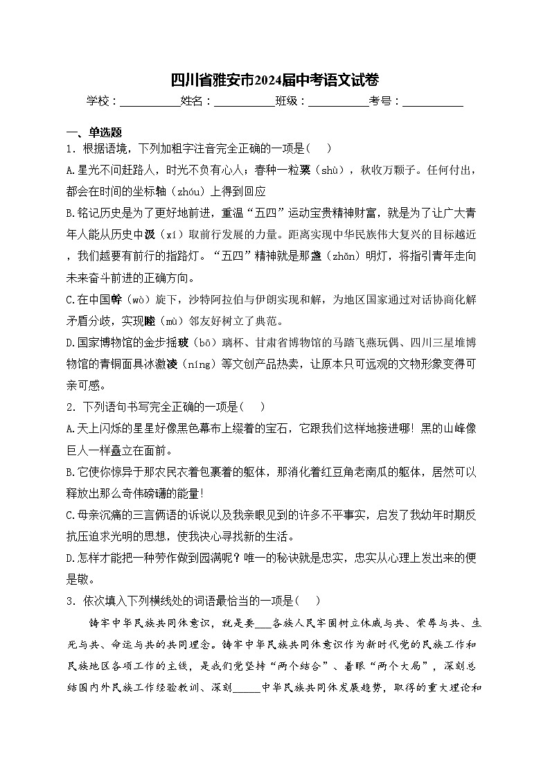 四川省雅安市2024届中考语文试卷(含答案)01
