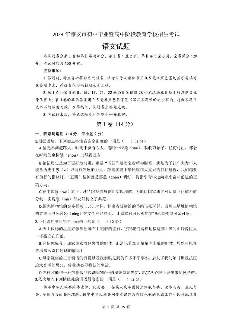 [语文]2024年四川省雅安市中考真题语文试卷(有解析)01