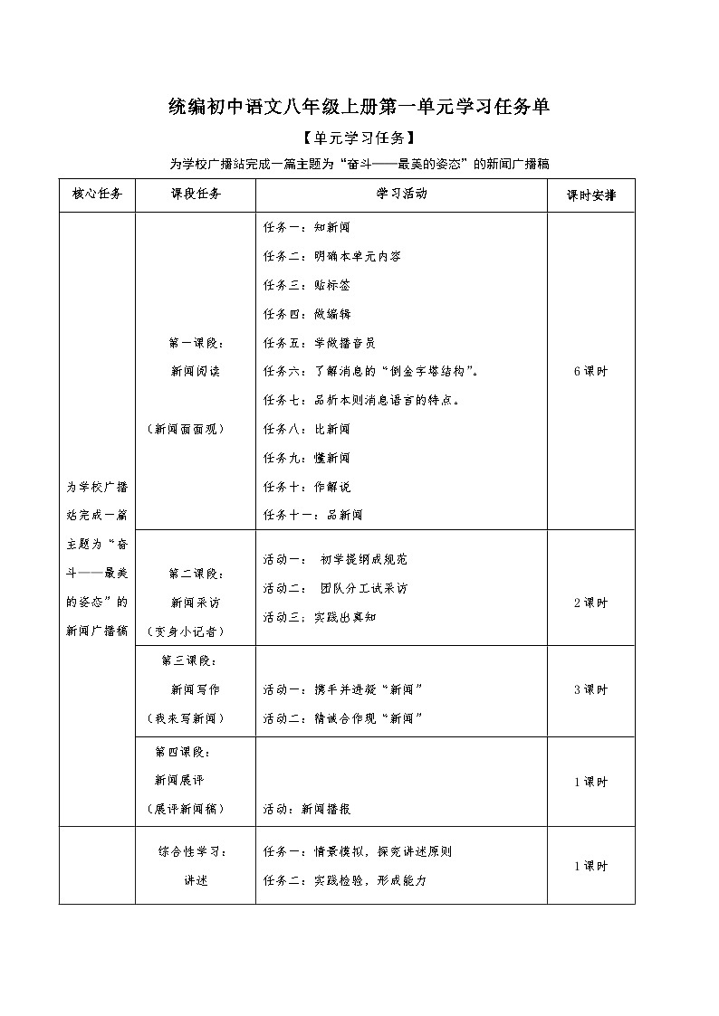 第一单元学习任务单【大单元教学】2024-2025学年八年级语文上册备课系列（统编版）01