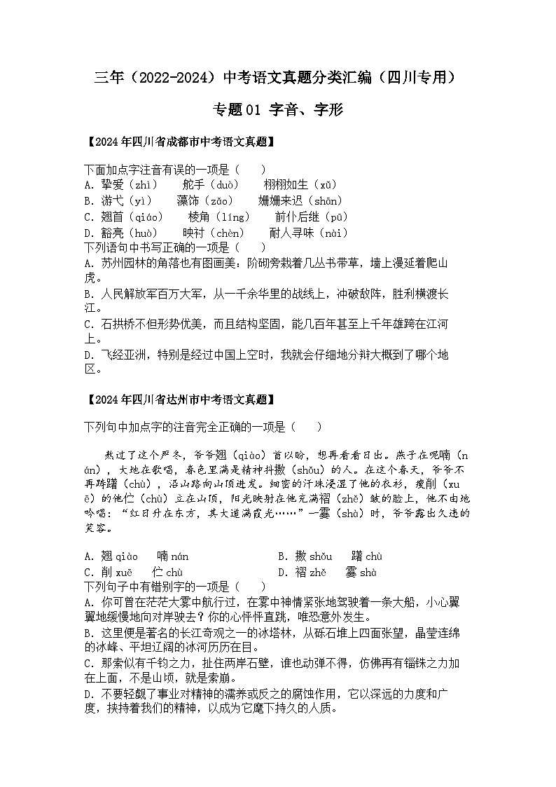 2022~2024年四川中考语文真题分类汇编  01 字音、字形01