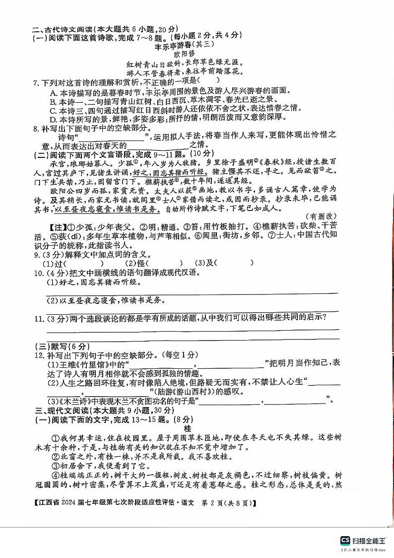 江西省吉安市吉安县凤凰中学2023-2024学年七年级下学期6月月考 语文试题02
