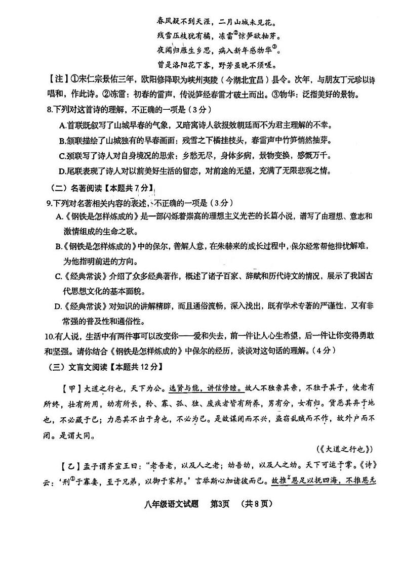 山东省青岛市黄岛区2023-2024学年八年级下学期7月期末语文试题第3页
