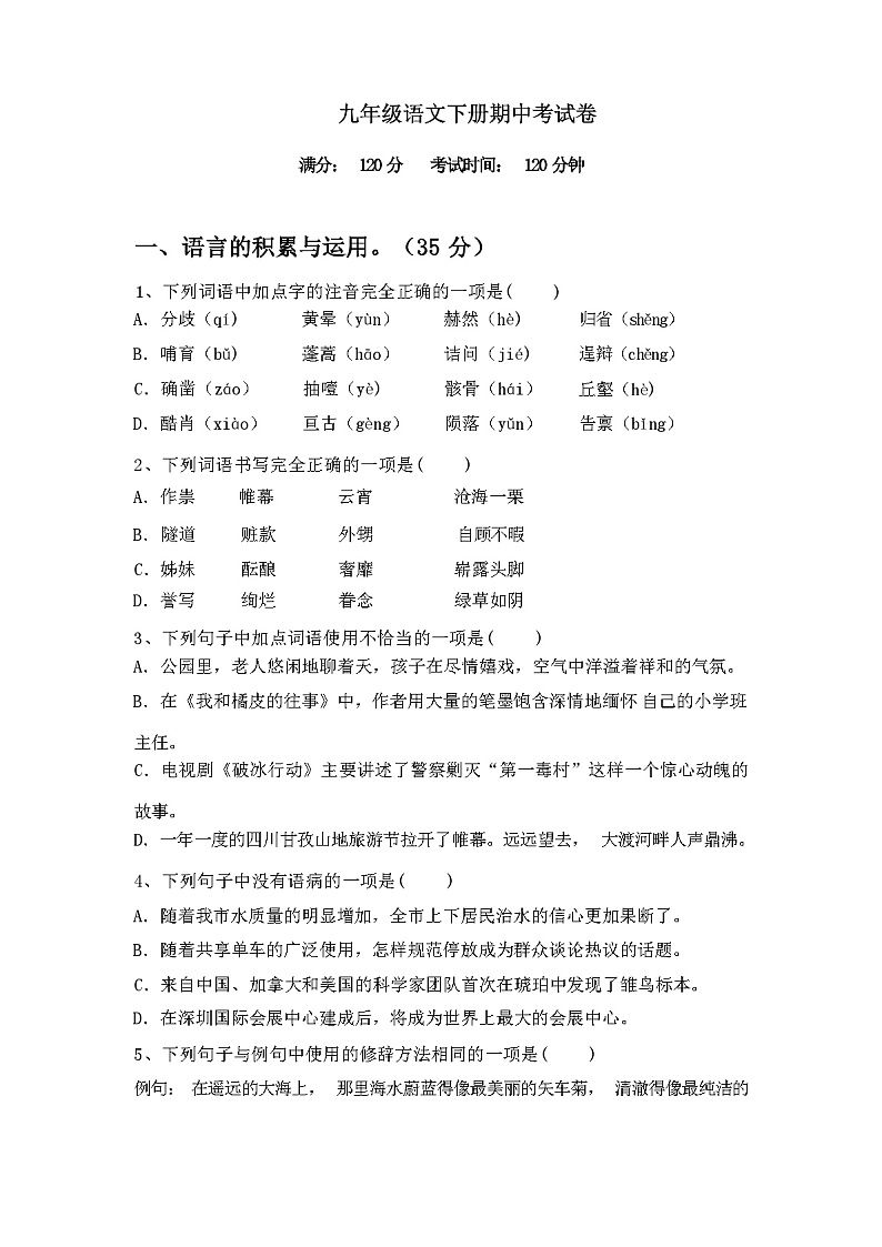 2024年春广西钦州市钦北区九年级语文下册期中考试卷（含答案）01