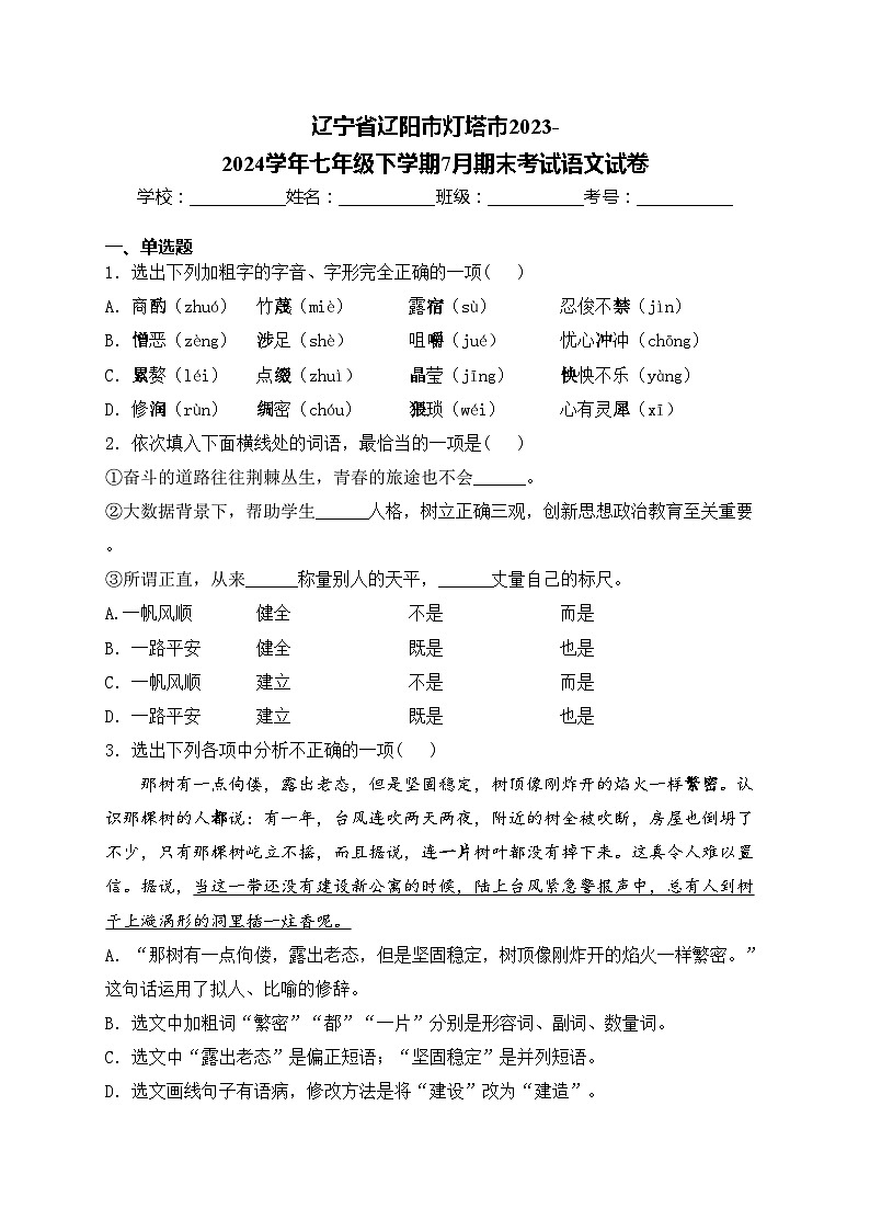 辽宁省辽阳市灯塔市2023-2024学年七年级下学期7月期末考试语文试卷(含答案)01