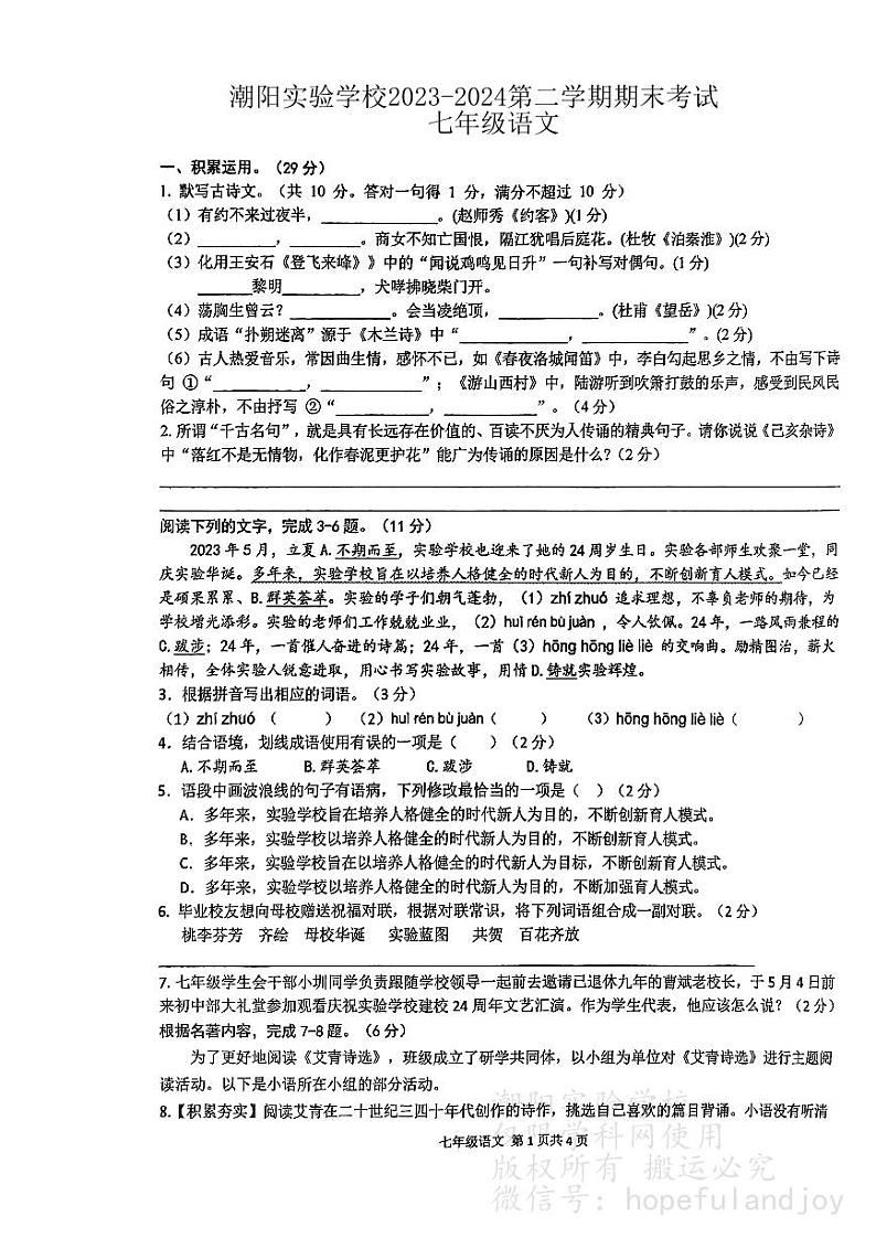 广东省汕头市潮阳区汕头市潮阳实验学校2023-2024学年七年级下学期7月期末语文试题01