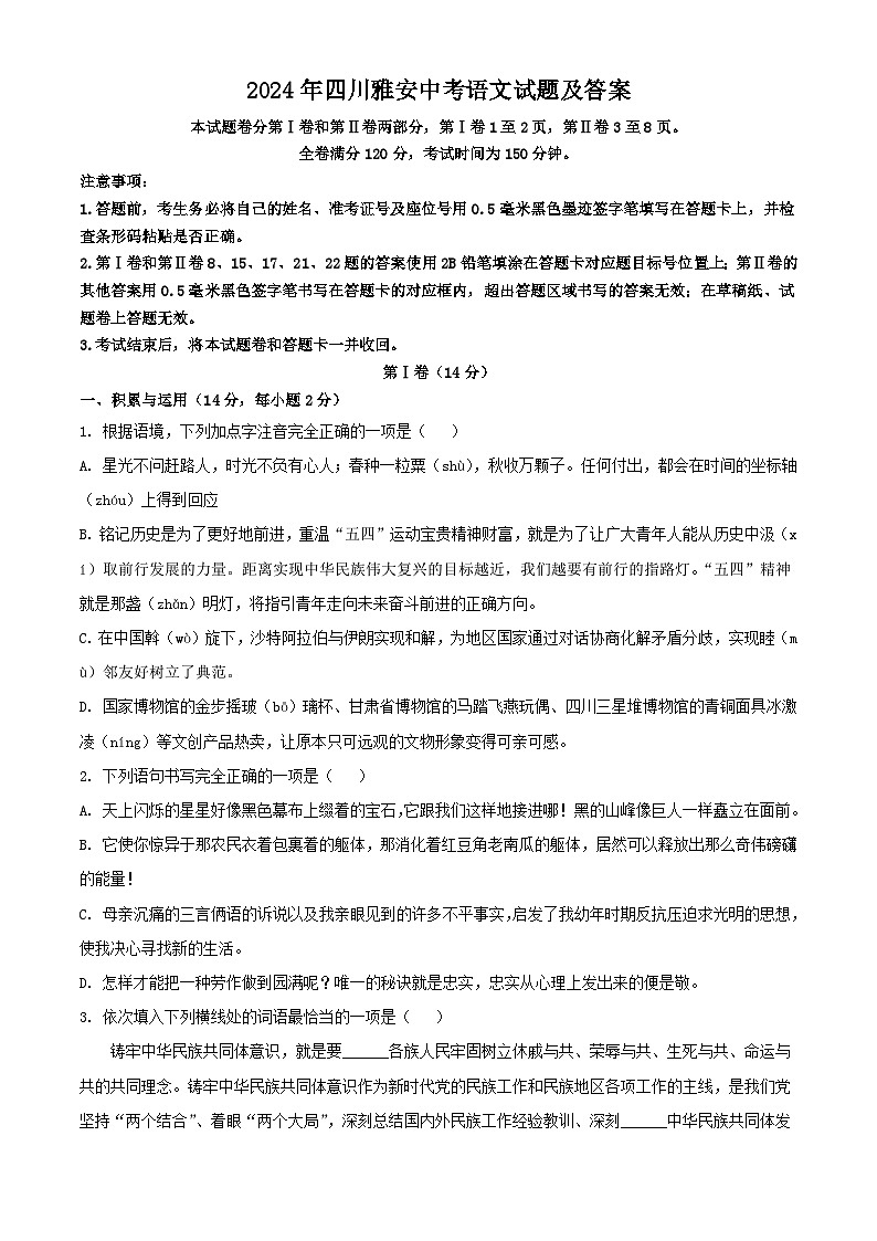 2024年四川雅安中考语文试题及答案01