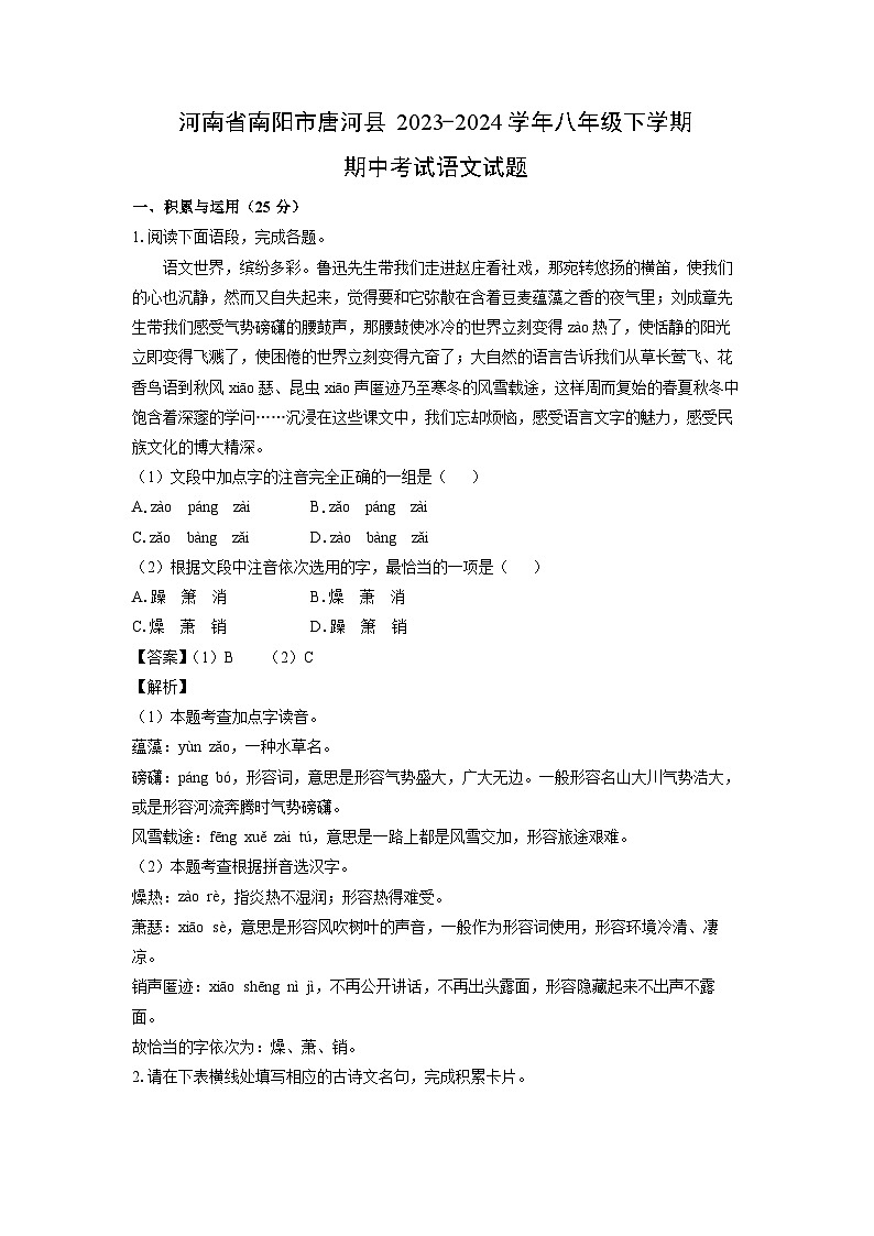 [语文][期中]河南省南阳市唐河县2023-2024学年八年级下学期期中考试试题(解析版)01