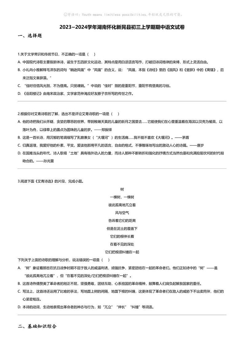[语文][期中]2023_2024学年湖南怀化新晃县初三上学期期中语文试卷第1页